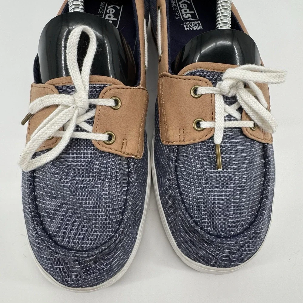 Keds Coastal Preppy Boat Shoes Navy Stripe Tan Trim Lace Up Comfort Size 8 Foam